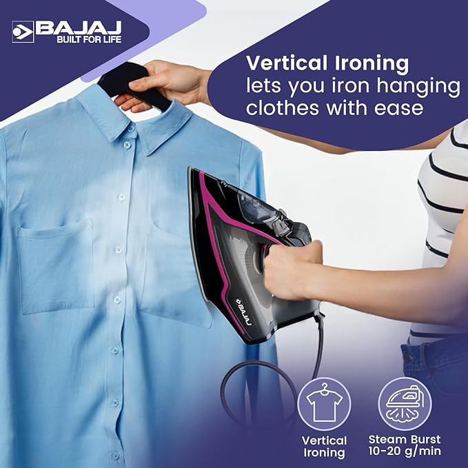 Bajaj MX-35N 2000W Steam Iron with Steam Burst, Anti-drip and Anti-scale Technology, Vertical and Horizontal Ironing, Non-Stick Coated Soleplate, Black and Pink, 2000 Watts