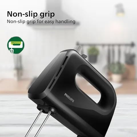 Philips HR3720/10 300 Watt Lightweight Hand Mixer, Blender with 5 speed control settings, stainless steel accessories and 2 years warranty with 2 Attachments (Non-slip Grip)