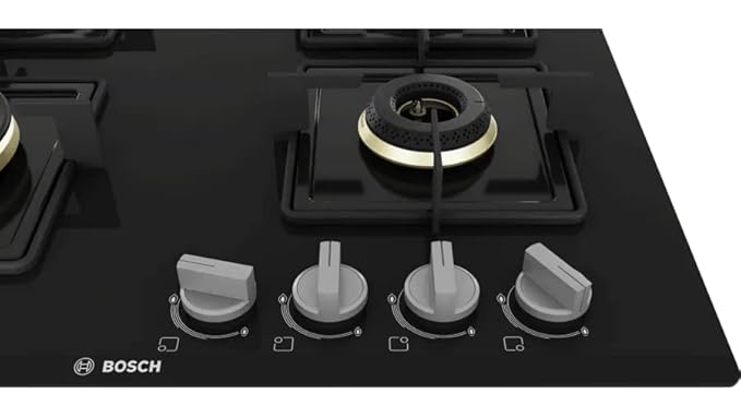 Bosch Built-in Gas Hob Black Tempered Glass Glass 4 Burner Auto Ignition 60 cm True Brass 2D Ring Burner with Glossy Black Heat Shield and Enamelled Pan Support (PNH6B6F10I)