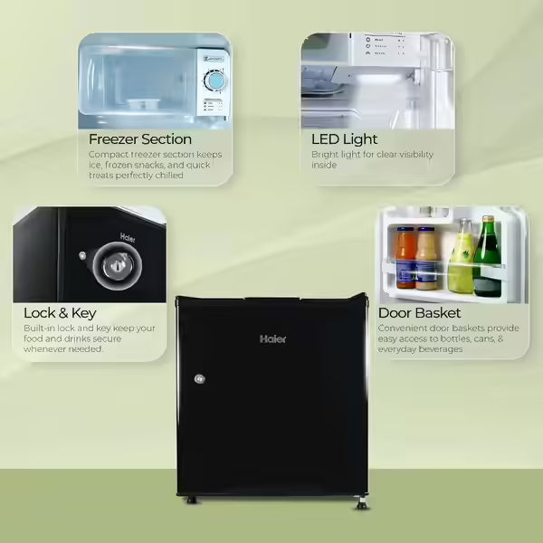 Haier HRD-752KSA 50L Single Door Refrigerator 2 Star Direct Cool Mini Fridge Black Steel with Lock & Key | Compact Cooling Solution