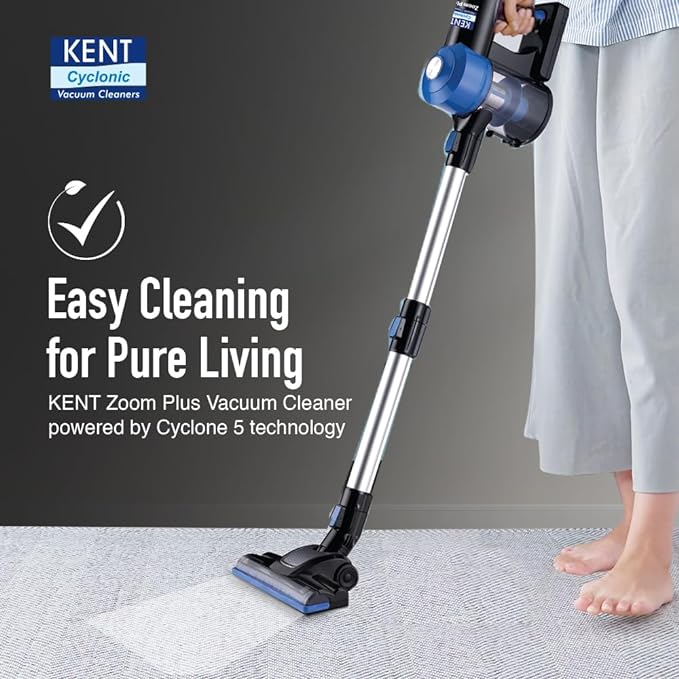 KENT Zoom Plus Vacuum Cleaner | 150W | Battery Operated, Rechargeable, Cordless & Hoseless | Bagless Design | Cyclone5 Technology | Washable HEPA Filter | Multi Nozzle Operation