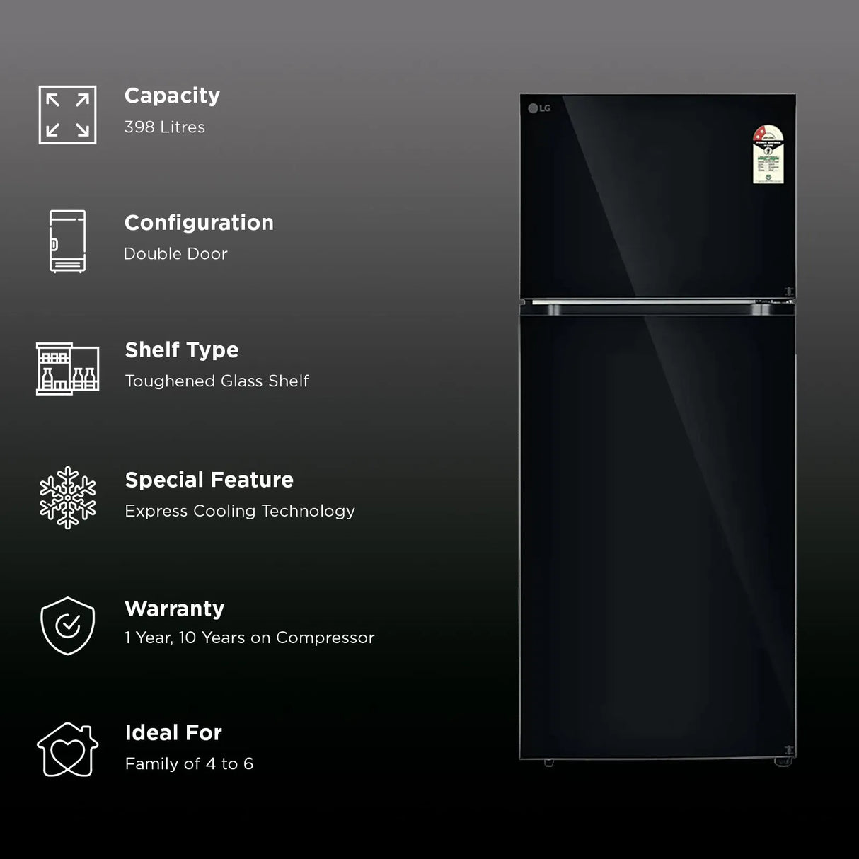 LG GL‑S422SBMY – 398 Litres, Double Door, Frost Free, Convertible Refrigerator