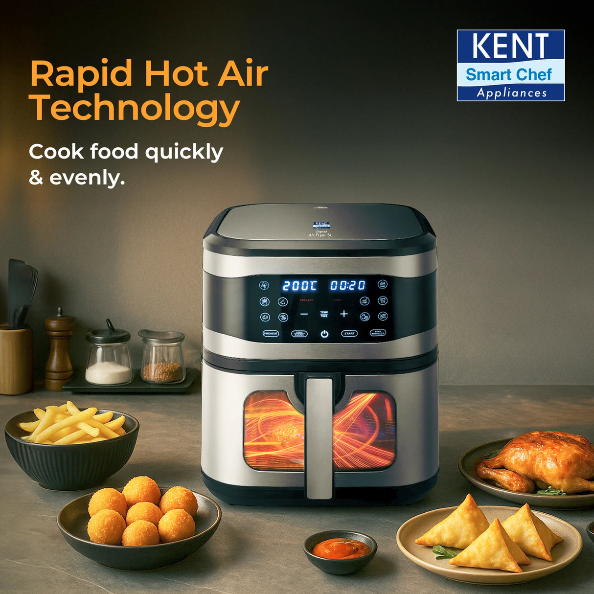 KENT 8 L Digital Air Fryer – Oil-Free Frying with Smart Temperature Control