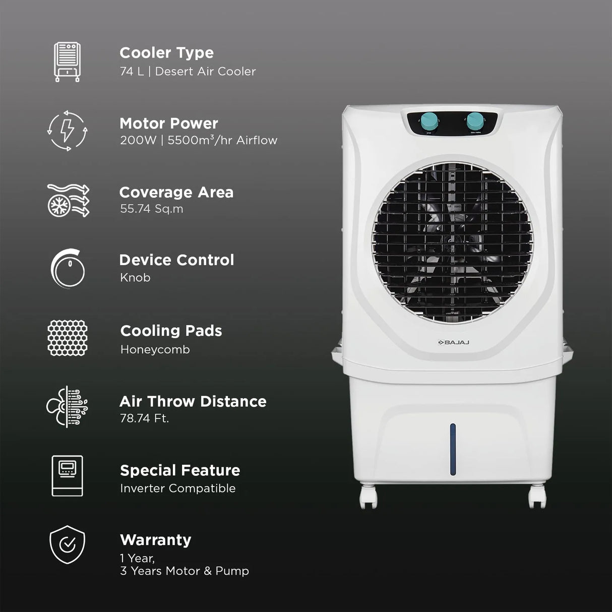Bajaj Shield Chisel 74L Desert Air Cooler – Turbo Fan Technology, 4-Way Swing, White