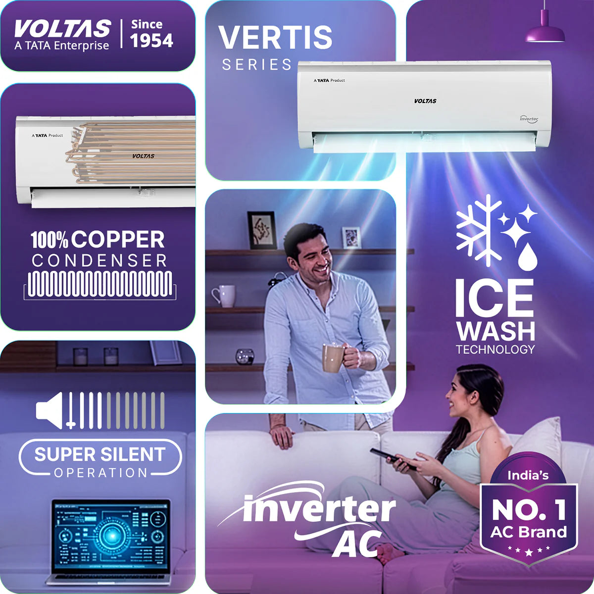 Voltas 1 Ton 3 Star Inverter Split AC Vertis Elite (123INV) | Energy Efficient Air Conditioner | Turbo Cooling | Low Noise | Copper Condenser