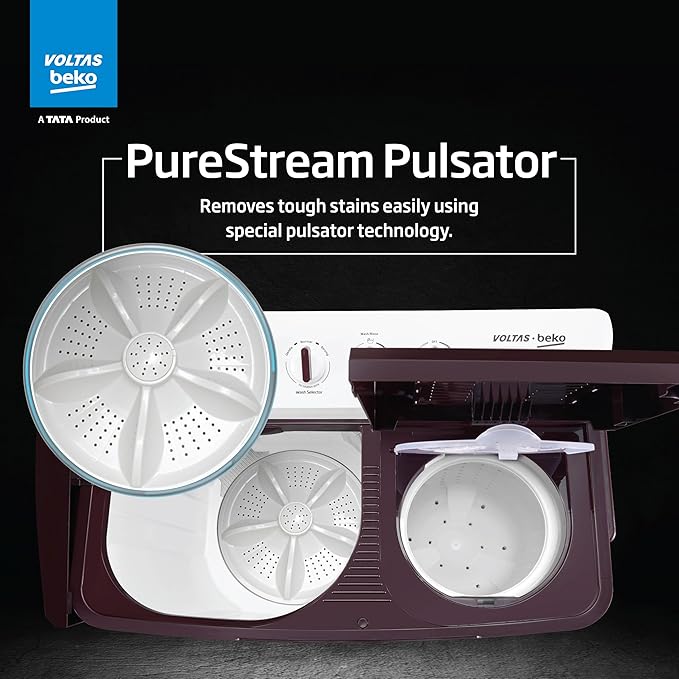Voltas Beko, A Tata Product 7 Kg 5 Star Semi-automatic Top Load Washing Machine with PureStream Pulsator Wash Technology (WTT70UHA/OK5R0R0W01, Burgundy, 5 Knob Control Method)