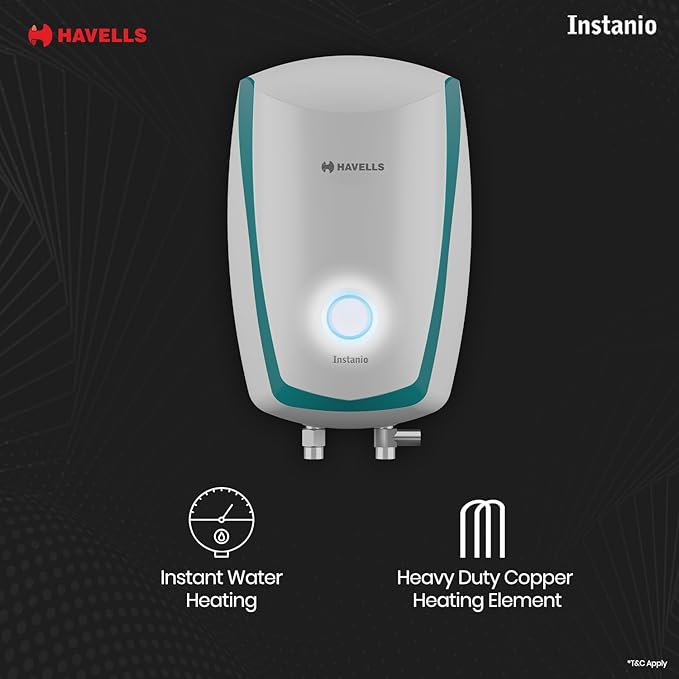 Havells Instanio 3 Litre Instant Water Heater | Color Changing LED Indicator, Rust & Shook Proof | SS Tank, ISI Certified, | (White Blue)
