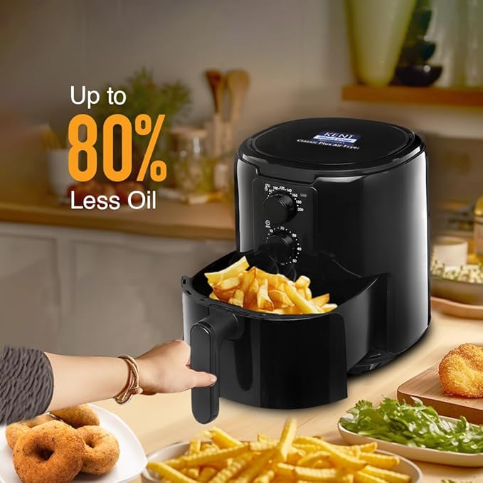 KENT Classic Plus Air Fryer | 1300W Power & 4.2L Capacity | Vapour Steam for Crisp Frying, Grill, Roast, Steam & Bake | Auto Cut-Off | 80% Less Oil | High Temperature & Uniform Heating | Black