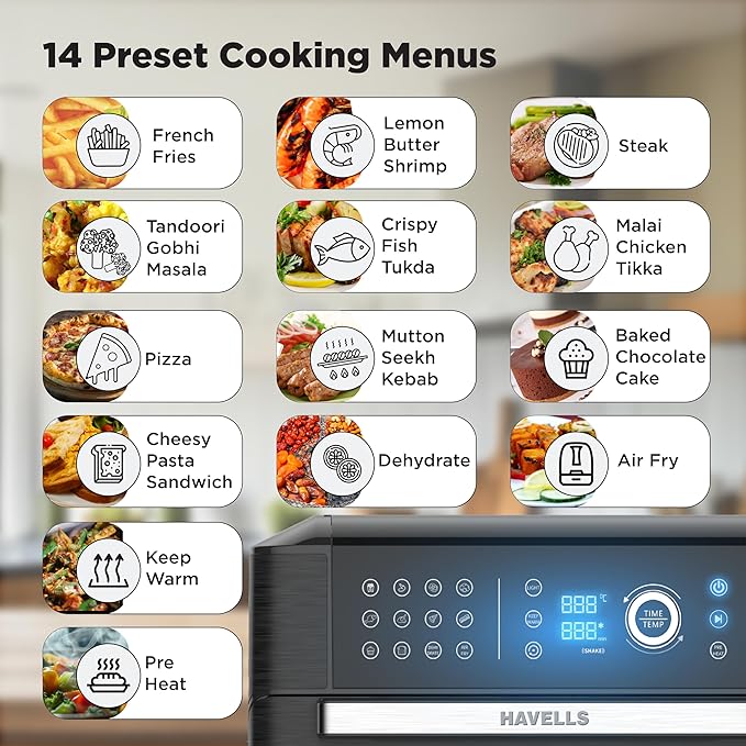 Havells Air-Oven Avanza 1700W | 15L Family Capacity | 14 Pre-Set Functions | Sensor Touch Control | Non-Stick Coating | Auto Shut-Off & Cool-Touch Handle