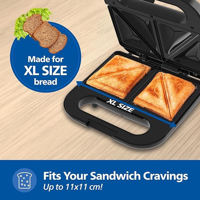 Philips HD1000/00 XL Sandwich Maker | 800W | Non-Stick Coated Plates | UHD Technology | Easy Locking | Black with Metallic Finish