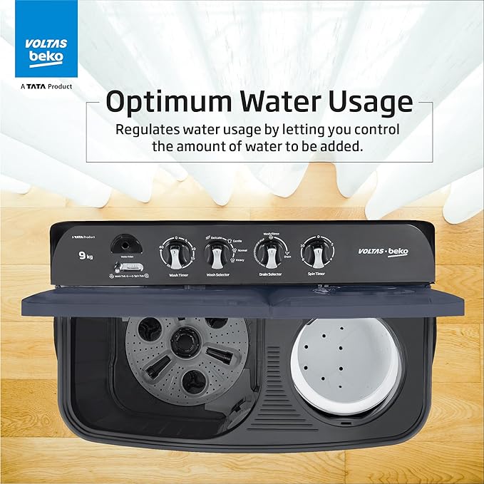 Voltas Beko 9 Kg 5-Star Semi-Automatic Twin Tub Top Load Washing Machine | Special Pulsator Wash (WTT90UDX, Black)