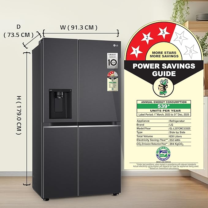 LG 630 L 3 Star Frost Free Side-by-Side Refrigerator with Door Cooling+, Hygiene Fresh+, Smart Inverter & Wi-Fi (GL-L257CMC3, Matt Black, Ice & Water Dispenser)