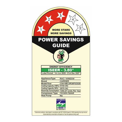 Carrier 1.5 Ton 3 Star Inverter Window AC – Estrella GXI (CIW19EC3R36F0), Copper Condenser, Dust Filter, Turbo Mode, White
