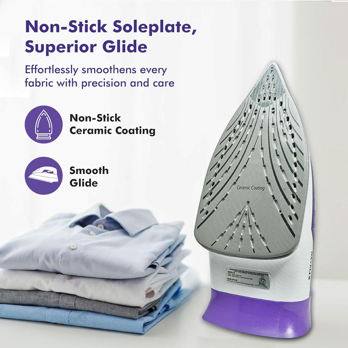 Havells Husky 2200W Steam Iron: 40g/min Steam Burst, Ceramic Soleplate, Anti-Scale (Purple)