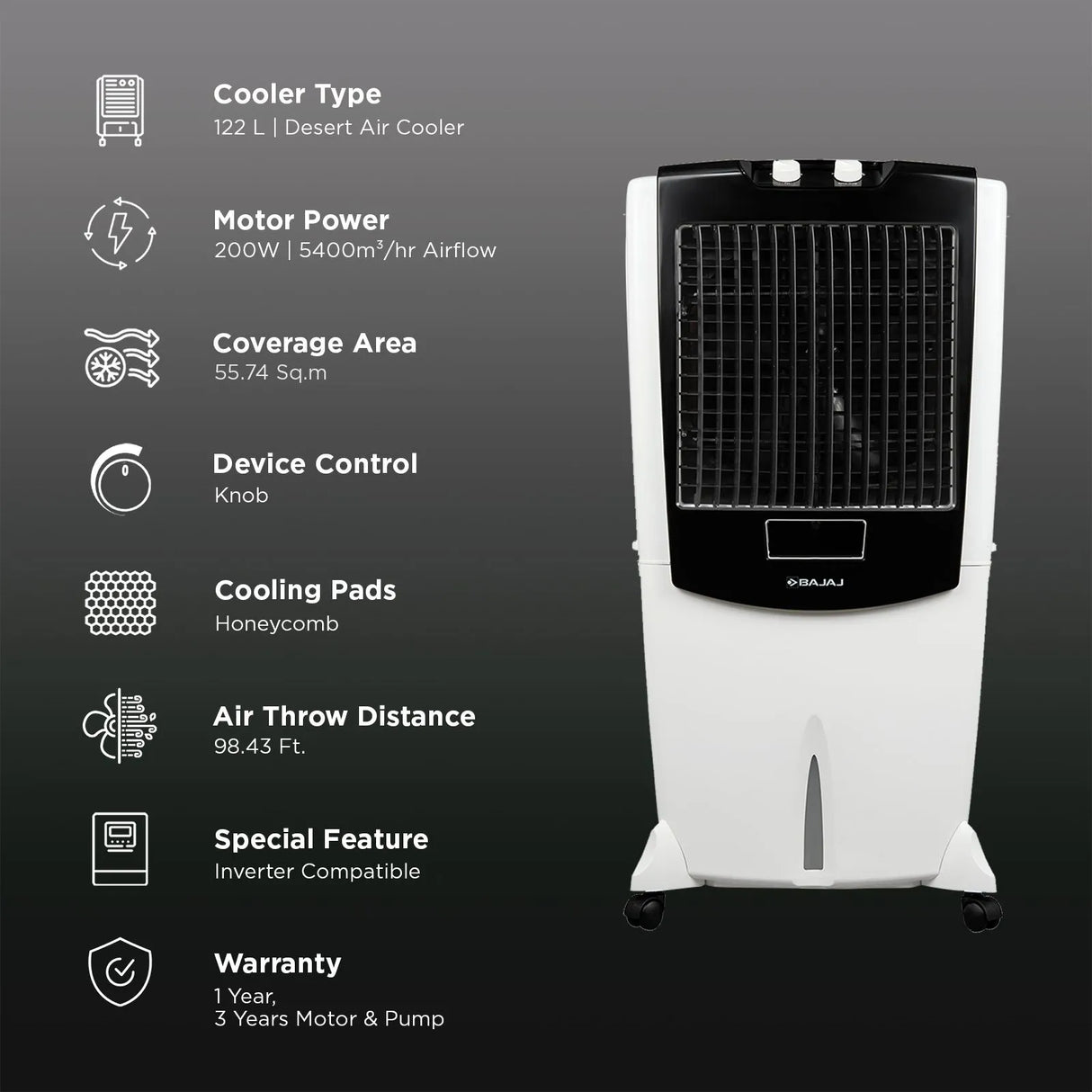 Bajaj Shield Mighty 122L Desert Air Cooler – Turbo Fan & Antibacterial Honeycomb Technology, White