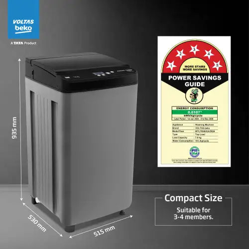 Voltas Beko 7 Kg 5-Star Fully Automatic Top Load Washing Machine | Double Waterfall, 4 Wash Programs, Purestream Pulsator (WTL7004UEA, White)