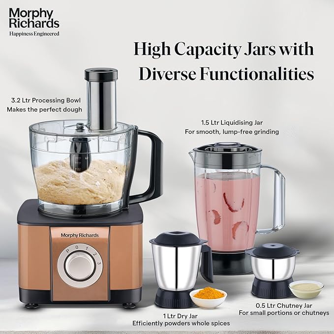 Morphy Richards Icon Superb 1000W Food Processor: 11 Attachments, 3.2L Bowl (Glazing Copper)