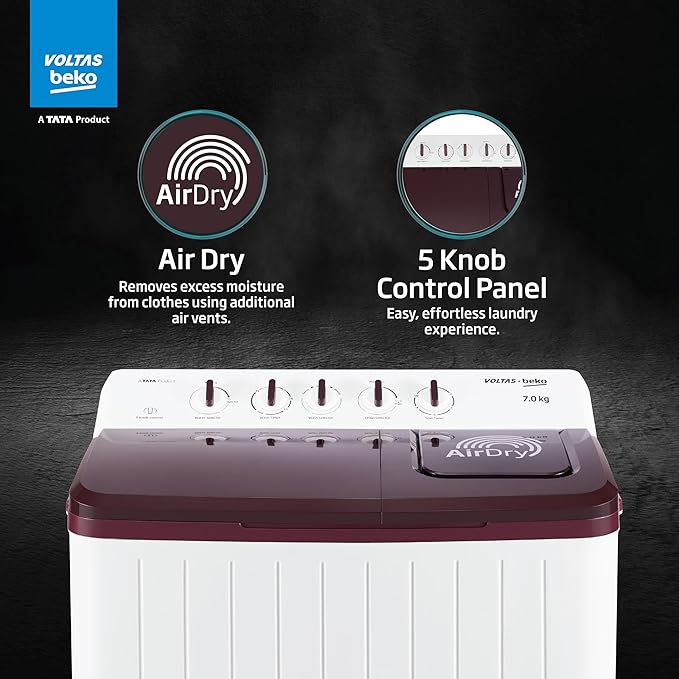 Voltas Beko, A Tata Product 7 Kg 5 Star Semi-automatic Top Load Washing Machine with PureStream Pulsator Wash Technology (WTT70UHA/OK5R0R0W01, Burgundy, 5 Knob Control Method)
