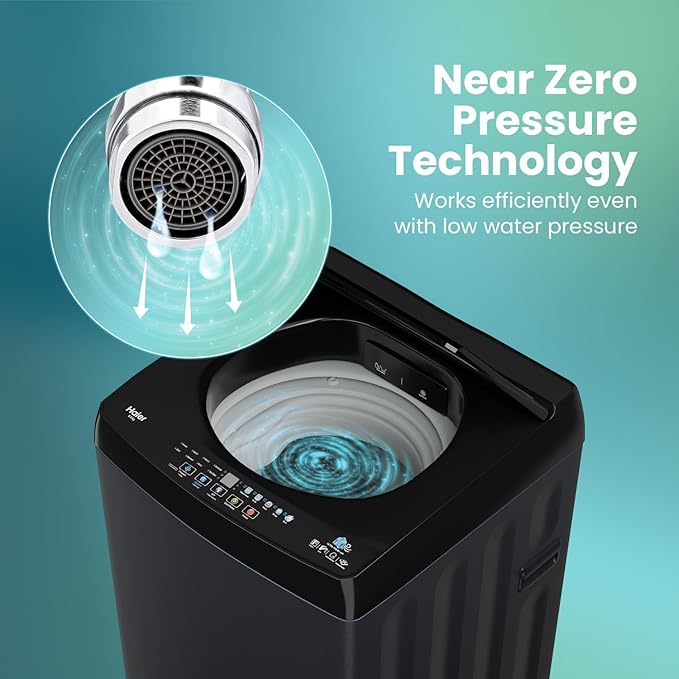 Haier 8 Kg 5-Star Fully Automatic Top Load Washing Machine | Oceanus Wave Drum, 8 Wash Programs, Magic Filter (HWM80-310BK, Black)