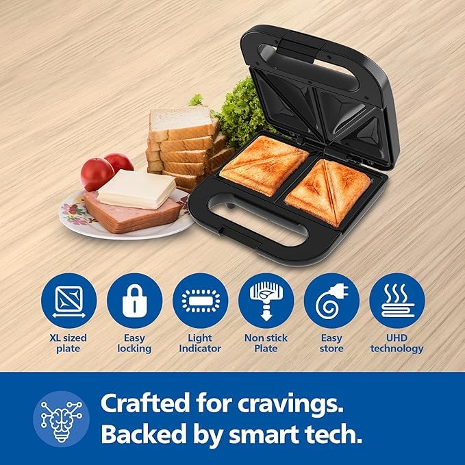 Philips HD1000/00 XL Sandwich Maker | 800W | Non-Stick Coated Plates | UHD Technology | Easy Locking | Black with Metallic Finish