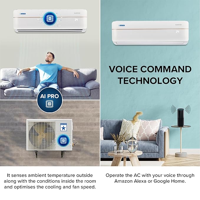 Blue Star 1.5 Ton 3 Star Wi-Fi Inverter Smart Split AC (Copper, 5 in 1 Convertible Cooling, 4-Way Swing, Turbo Cool, Voice Command, IC318VNUS, White)