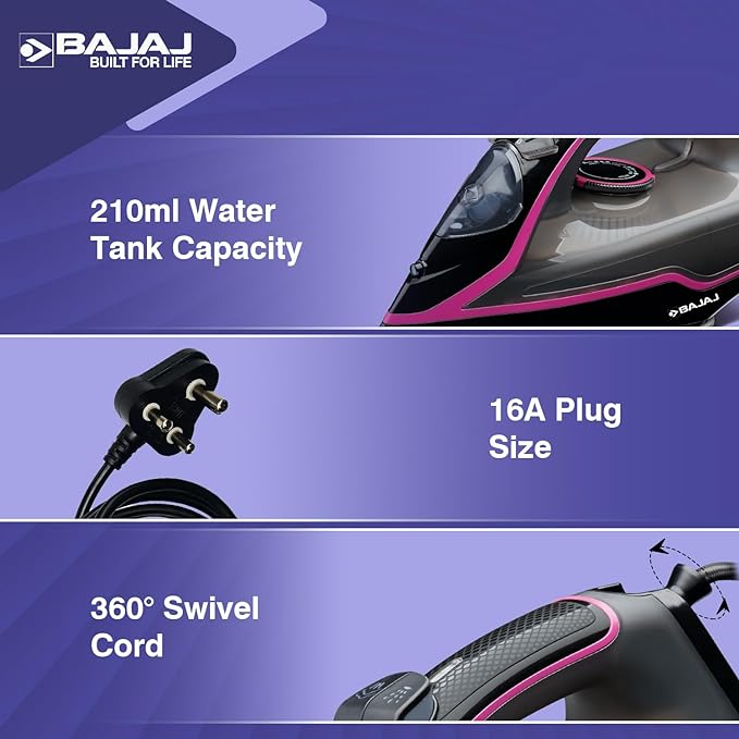 Bajaj MX-35N 2000W Steam Iron with Steam Burst, Anti-drip and Anti-scale Technology, Vertical and Horizontal Ironing, Non-Stick Coated Soleplate, Black and Pink, 2000 Watts
