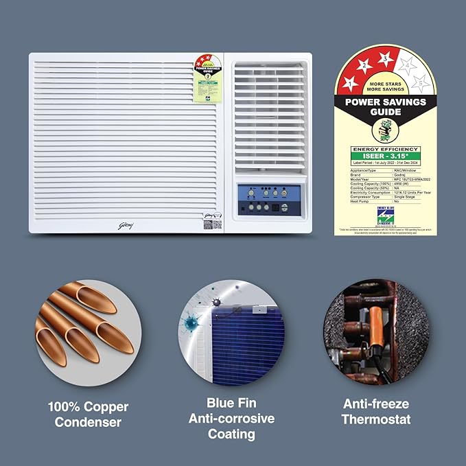 Godrej 1.5 Ton 3 Star, Turbo Mode, Window AC (Copper, Anti Corrosive Blue Fin, AC 1.5T WFC 18UTC3-WWA Window, White)