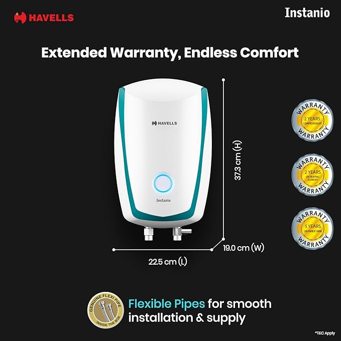 Havells Instanio 3 Litre Instant Water Heater | Color Changing LED Indicator, Rust & Shook Proof | SS Tank, ISI Certified, | (White Blue)