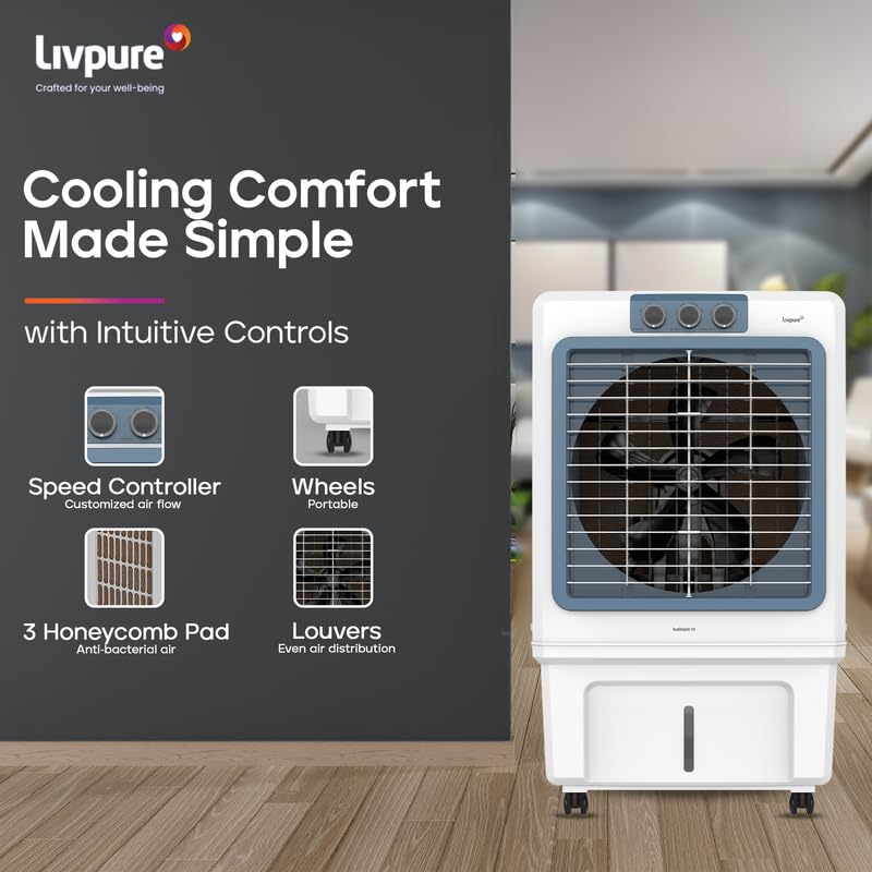 Livpure Iceblast Desert Air Cooler- 90L | 18" Fan Blade | High Air Delivery | Ice Chamber | Anti-Bacterial Honeycomb Pad | 190 Watts Motor with Inverter