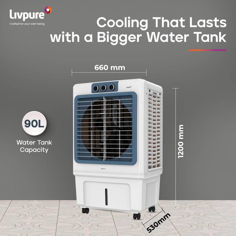 Livpure Iceblast Desert Air Cooler- 90L | 18" Fan Blade | High Air Delivery | Ice Chamber | Anti-Bacterial Honeycomb Pad | 190 Watts Motor with Inverter
