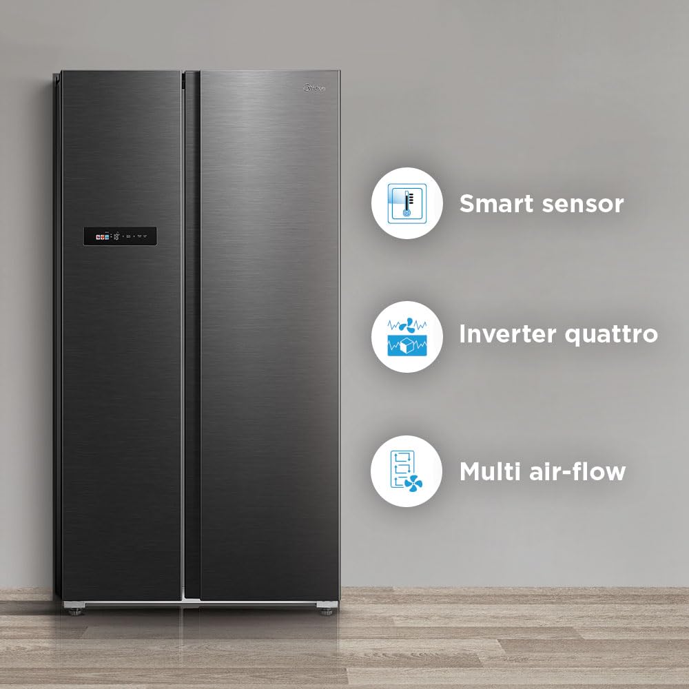 Midea 592 L Side By Side,frost free Wi-Fi Double Door Refrigerator Voice Assistant, App Control, Inverter, (MDRS791MIF28IND Jazz Black)