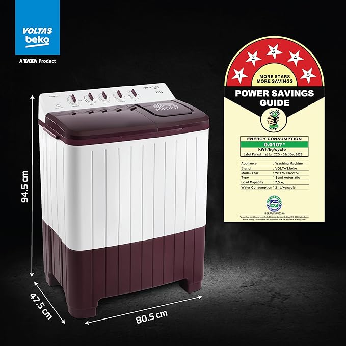 Voltas Beko, A Tata Product 7 Kg 5 Star Semi-automatic Top Load Washing Machine with PureStream Pulsator Wash Technology (WTT70UHA/OK5R0R0W01, Burgundy, 5 Knob Control Method)