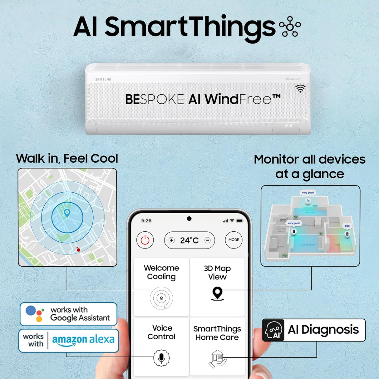 Samsung 1.5 Ton 3 Star Bespoke AI WindFree Inverter Smart Split AC (2026 Model, WiFi, Voice Control, Digital Inverter, 4-Way Swing, 5-Step Convertible, Powerful Cooling – AR60H18D1PWNNA)