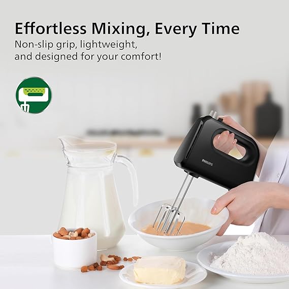 Philips HR3720/10 300 Watt Lightweight Hand Mixer, Blender with 5 speed control settings, stainless steel accessories and 2 years warranty with 2 Attachments (Non-slip Grip)