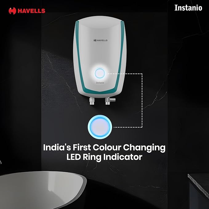 Havells Instanio 3 Litre Instant Water Heater | Color Changing LED Indicator, Rust & Shook Proof | SS Tank, ISI Certified, | (White Blue)