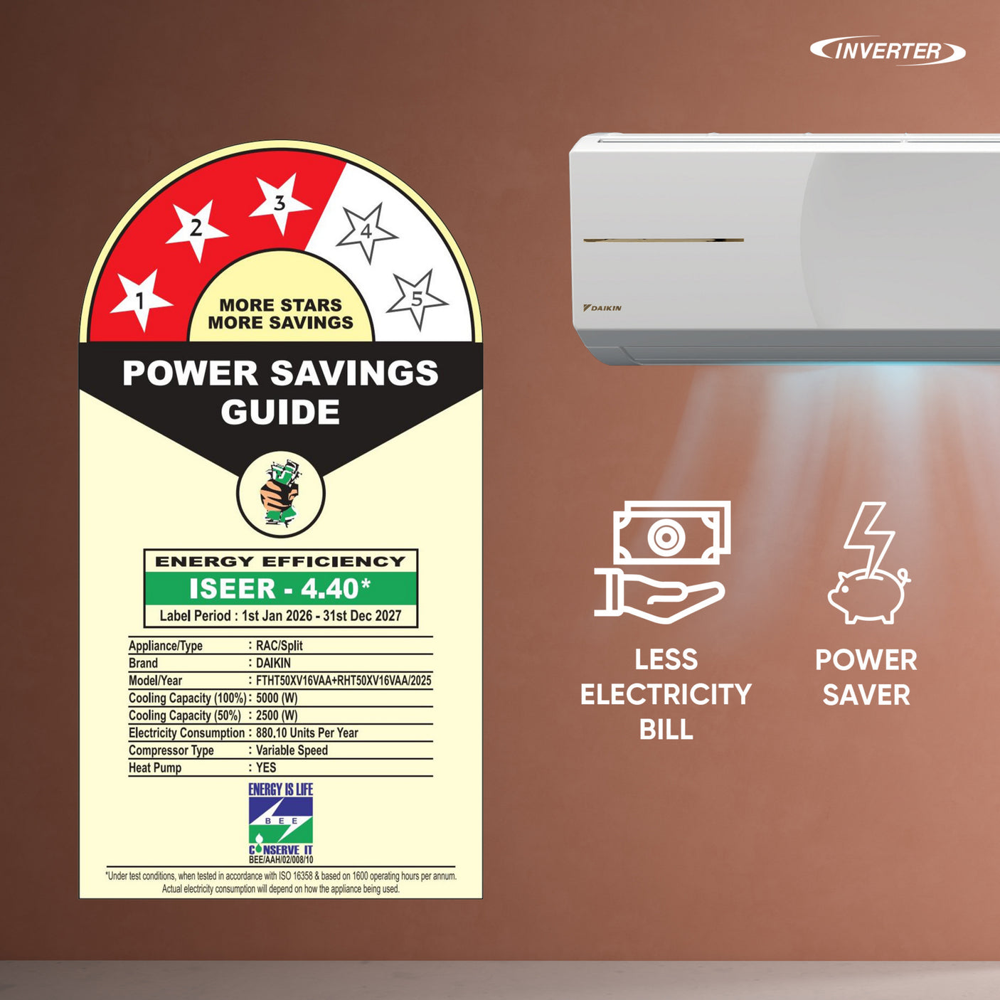 1.5 Ton 3 Star Inverter Split AC – Dew Clean, 3D Airflow, Triple Display | FTHT50XV16VAA