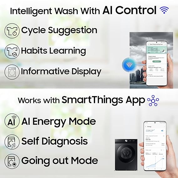 Samsung 12 kg, 5 Star, AI Ecobubble, Super Speed, Wi-Fi, Hygiene Steam with Inbuilt Heater, Digital Inverter, Fully-Automatic Front Load Washing Machine (WW12DB7B24GBTL, Black)