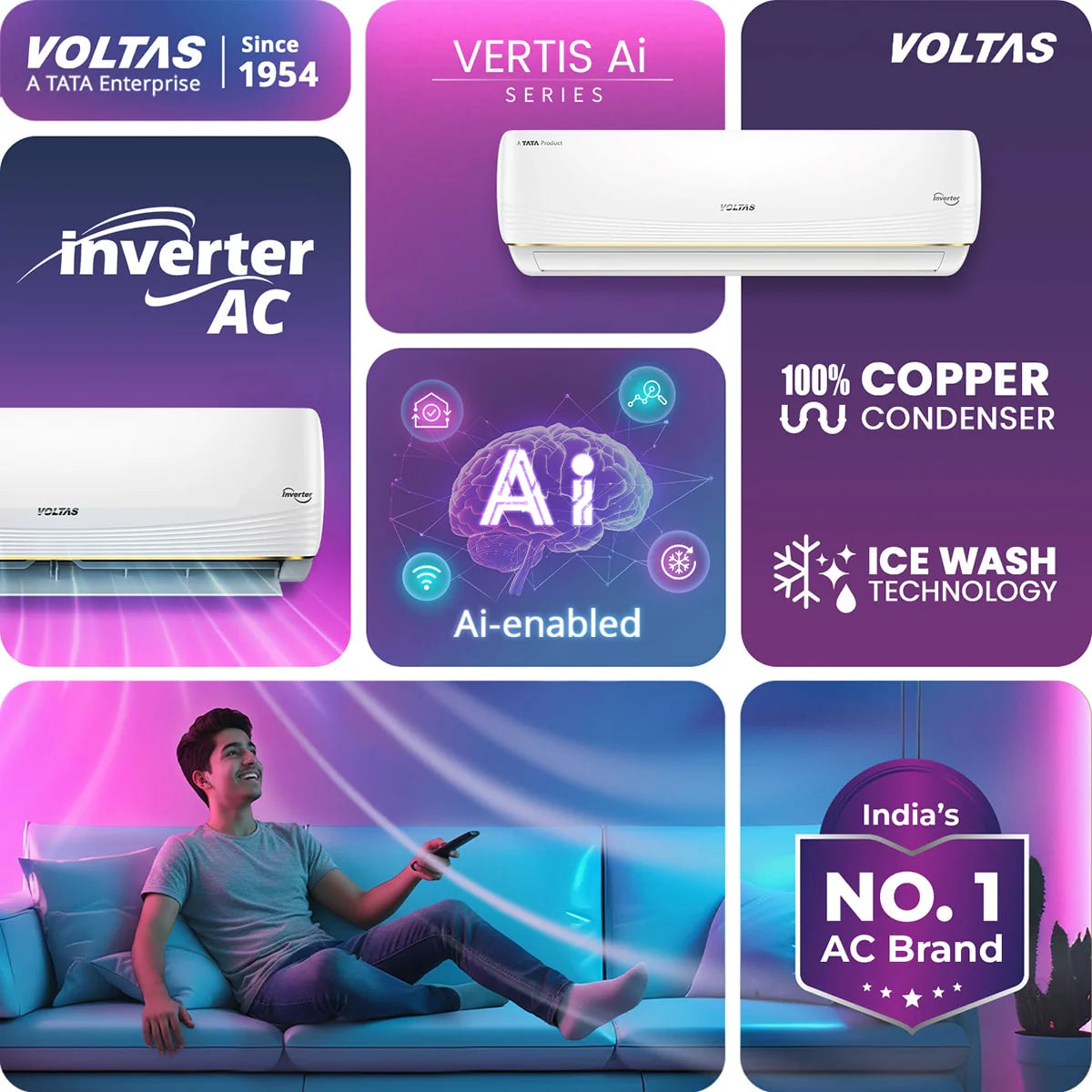 Voltas 1.5 Ton Split AC 3 Star Inverter (183INV Vertis AI Zest Gold)