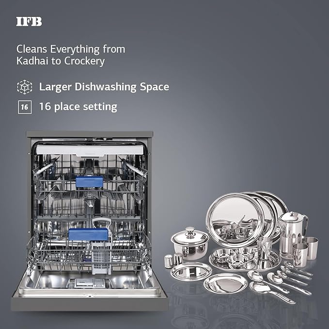 IFB 16 Place Settings Dishwasher with Ion Technology, Auto Programme, (Neptune VX16, 70 Degree Hot Water Wash, Hygienic Steam Drying, with Additional 3rd Rack, Inox Grey, 2024)