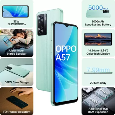 Short: Oppo A57 - Glowing Green, 4GB RAM, 64GB storage, sleek and powerful.