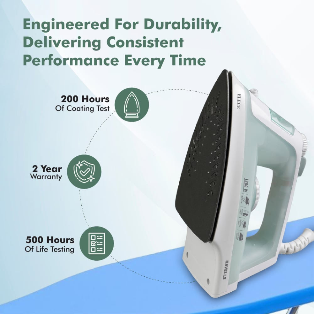 Havells Elece 1200W Steam Iron: 170ml Tank, Self-Clean, Vertical Steaming (Pista Green)