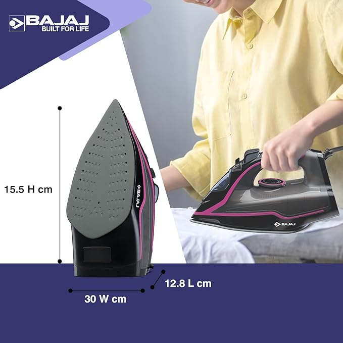 Bajaj MX-35N 2000W Steam Iron with Steam Burst, Anti-drip and Anti-scale Technology, Vertical and Horizontal Ironing, Non-Stick Coated Soleplate, Black and Pink, 2000 Watts