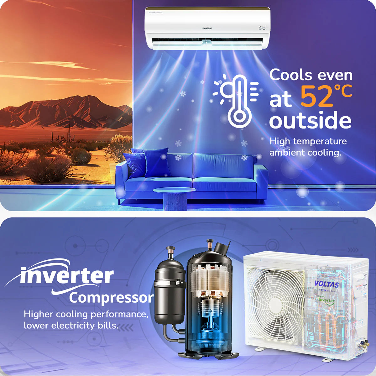 Voltas Vertis Elite Gold 1 Ton 3 Star Inverter Split Air Conditioner (Model: 123INV) | 6-Step Adjustable Mode | Turbo Cooling | Ice Wash Technology | High Ambient Cooling | Copper Condenser | 2026 Model