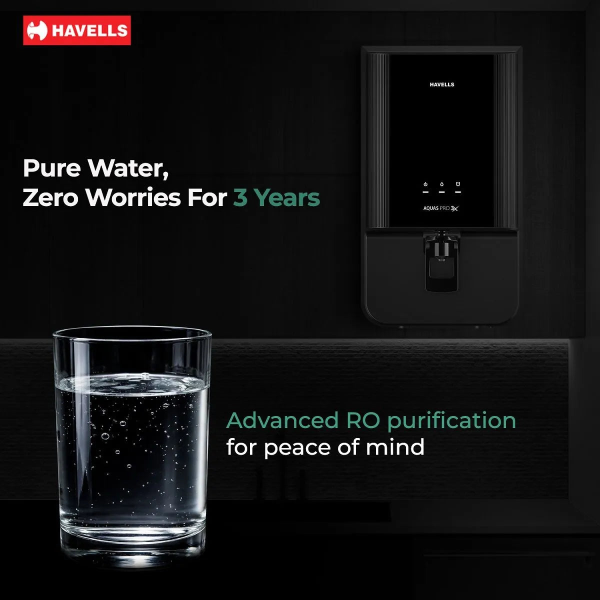 Havells Aquas Pro 3X Water Purifier | RO+UV, 3-Year No-Service Filter Life, White