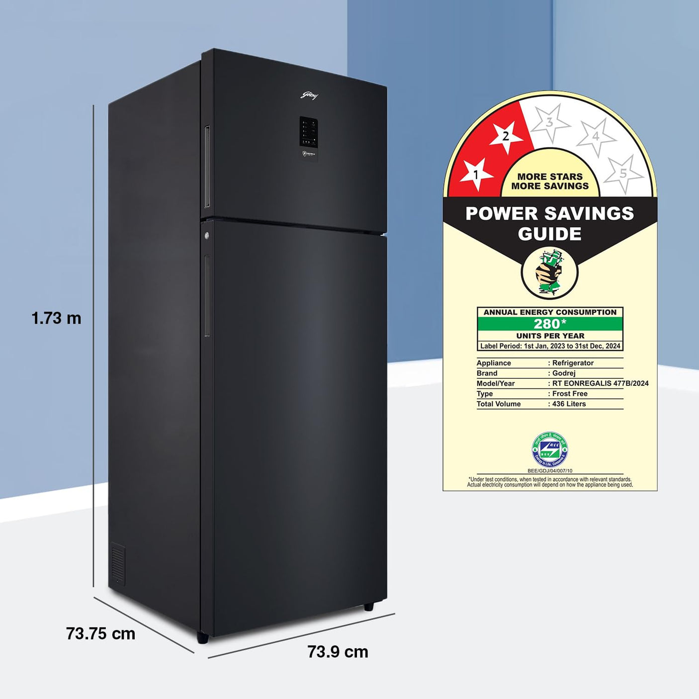 Godrej Eon Regalis 436 Litres 2 Star Frost Free Double Door Refrigerator with Nano Shield Technology (RT EONREGALIS 477B RCI MT BK, Matte Black)