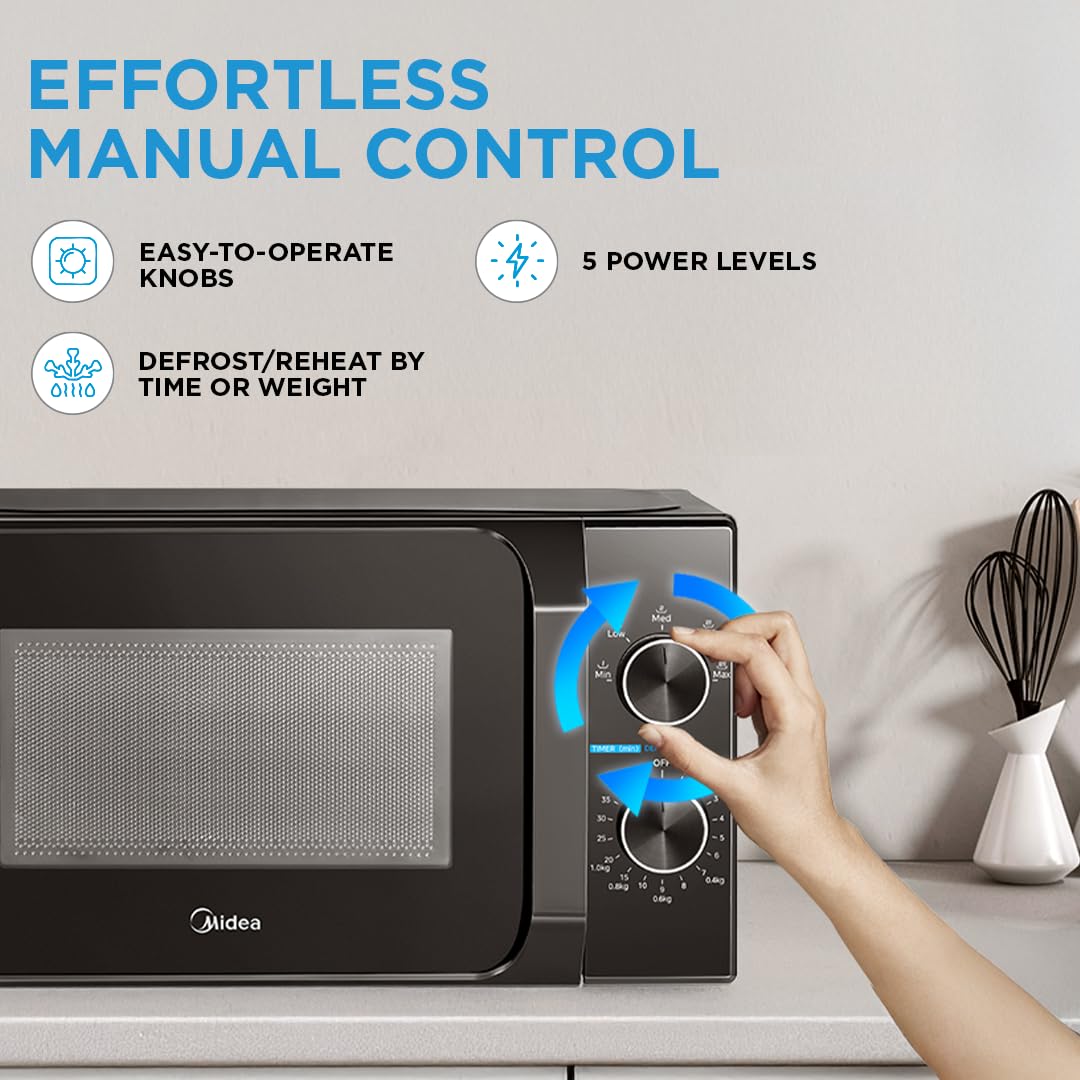 Midea 20L Solo Microwave Oven (MMO20CXA-MMPEBK, Black, 5 power levels & Defrost function)