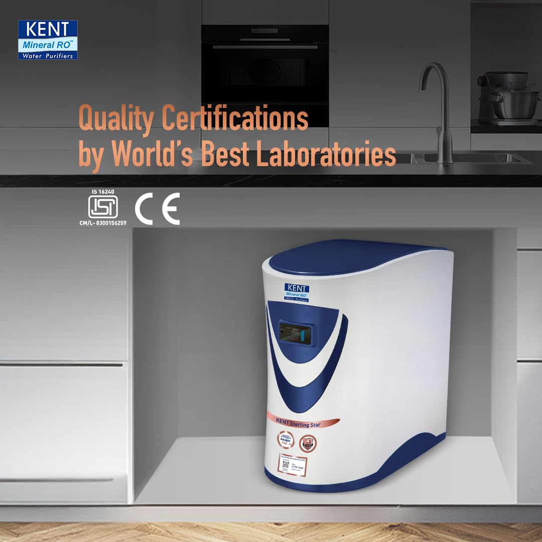 KENT Sterling Star Under the Counter RO Water Purifier | RO+UV+UF+Alkaline+Copper+TDS Control | 4 Years Free Service | ISI Marked | 6L Tank | 20 LPH | Digital Display of Purity | White
