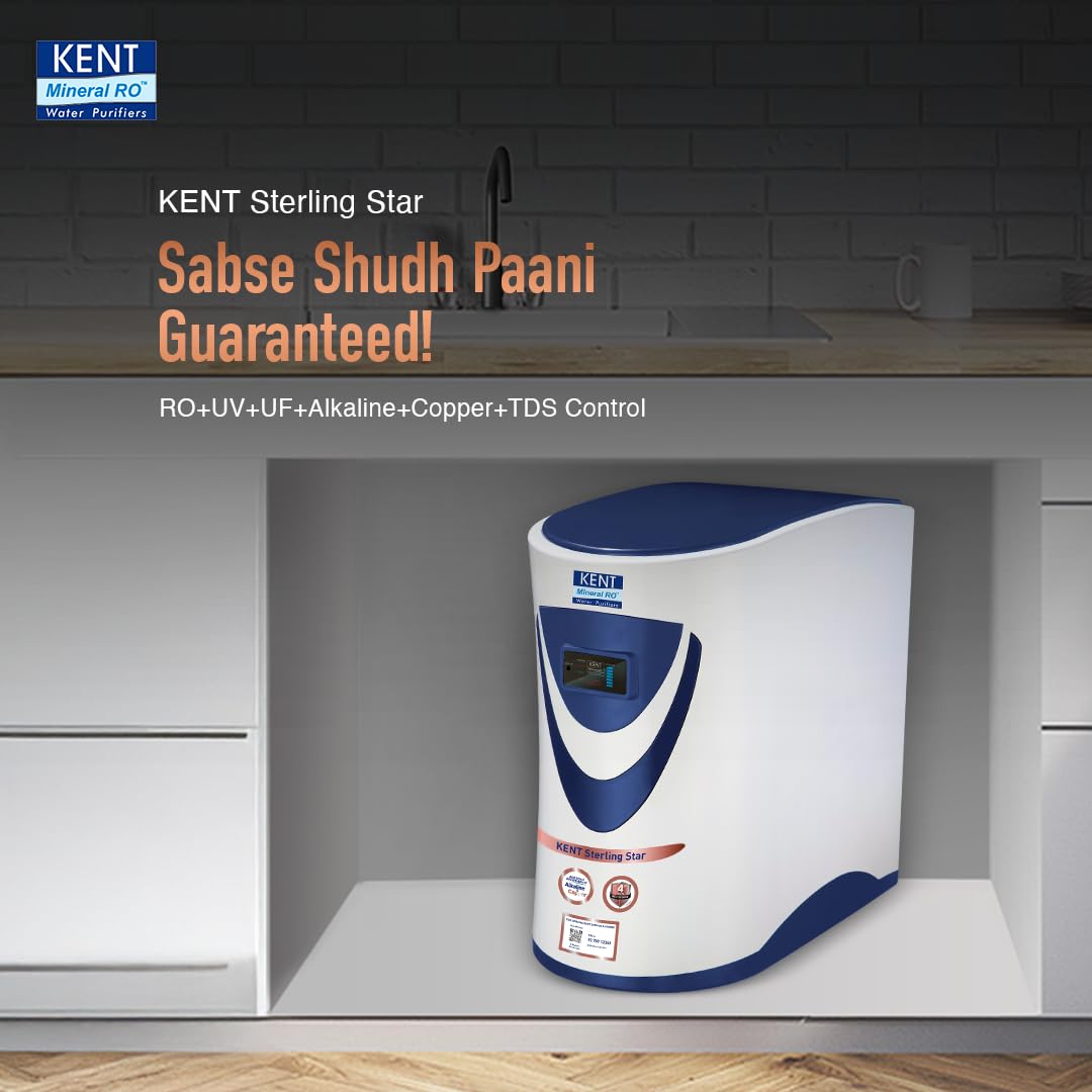 KENT Sterling Star Under the Counter RO Water Purifier | RO+UV+UF+Alkaline+Copper+TDS Control | 4 Years Free Service | ISI Marked | 6L Tank | 20 LPH | Digital Display of Purity | White