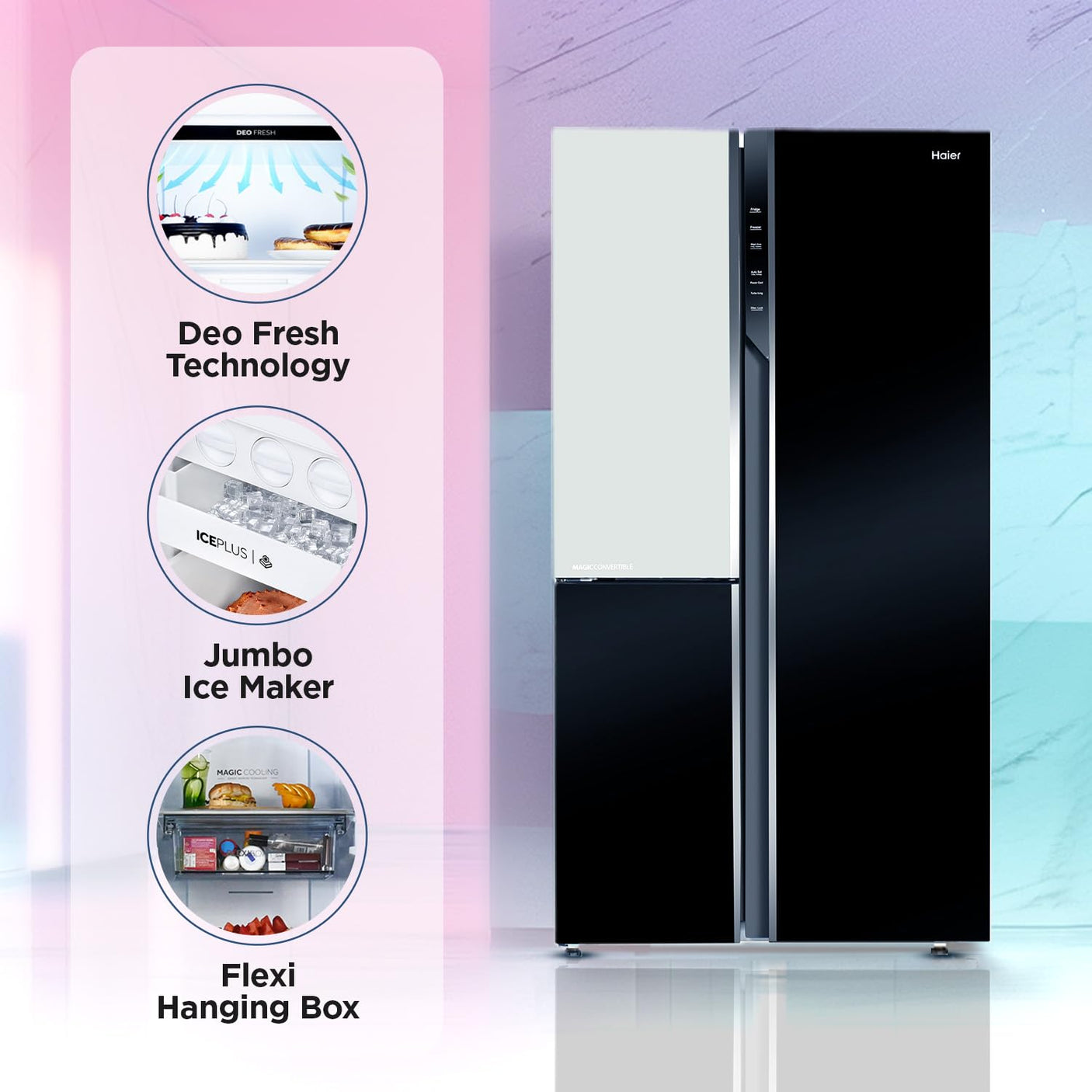 Haier 598L, 3-Star, Vogue 83% Convertible Fridge Space, Expert Inverter 3-Door Side by Side Refrigerator, (HRT-683KWG, Black White Glass)