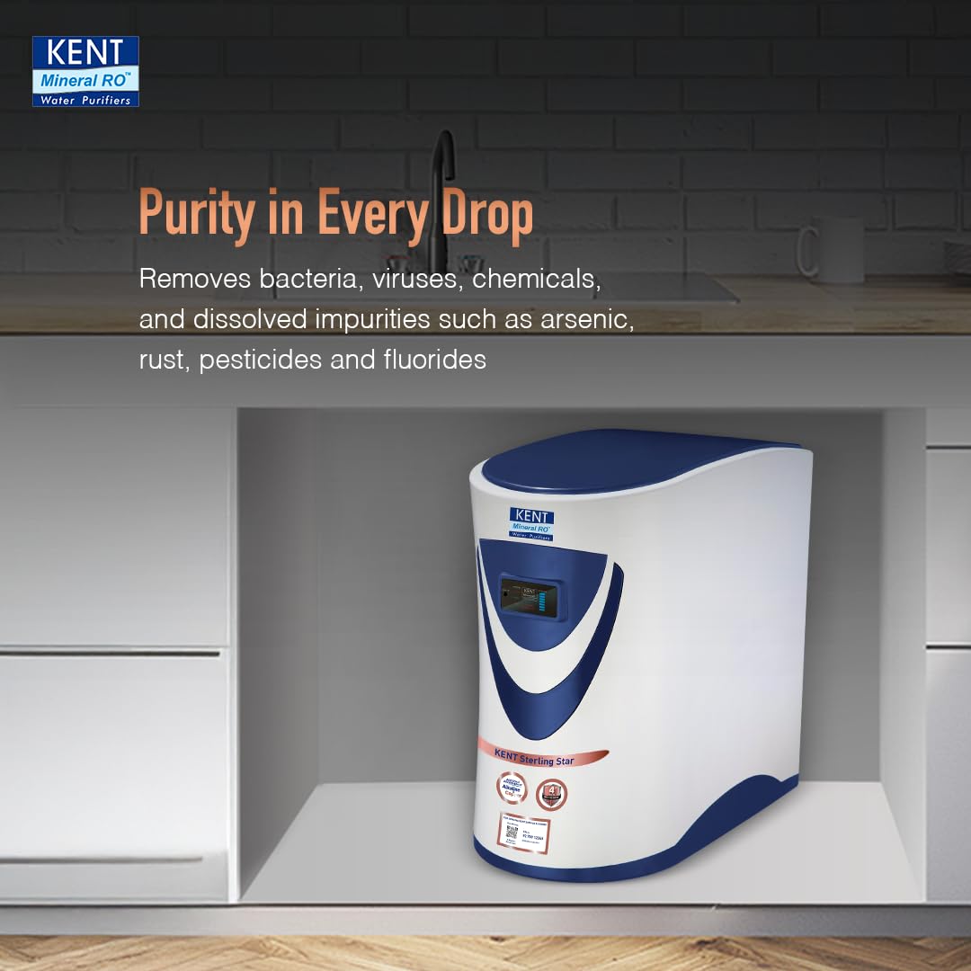 KENT Sterling Star Under the Counter RO Water Purifier | RO+UV+UF+Alkaline+Copper+TDS Control | 4 Years Free Service | ISI Marked | 6L Tank | 20 LPH | Digital Display of Purity | White
